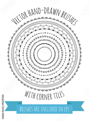 Vector set of handdrawn brushes. Seamless pattern for frame, border, banner, card, wedding template, invitation etc. With elements of garland, heart, stone, frill, railway. Brushes are included in eps