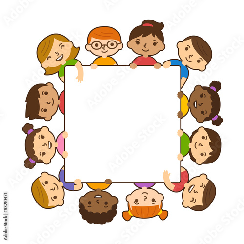 Cartoon children holding banner