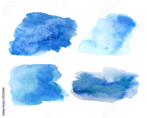 Set of light blue and celadon ink stains in watercolor style isolated on white. Vector.