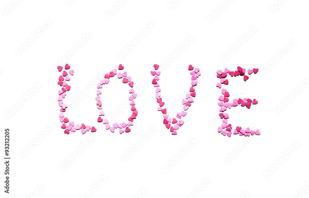 word love spelling with sweet sugar hearts