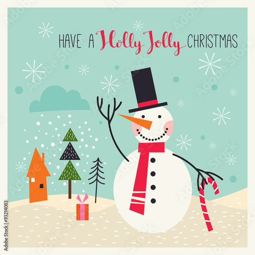Christmas greeting card with snowman in a winter landscape