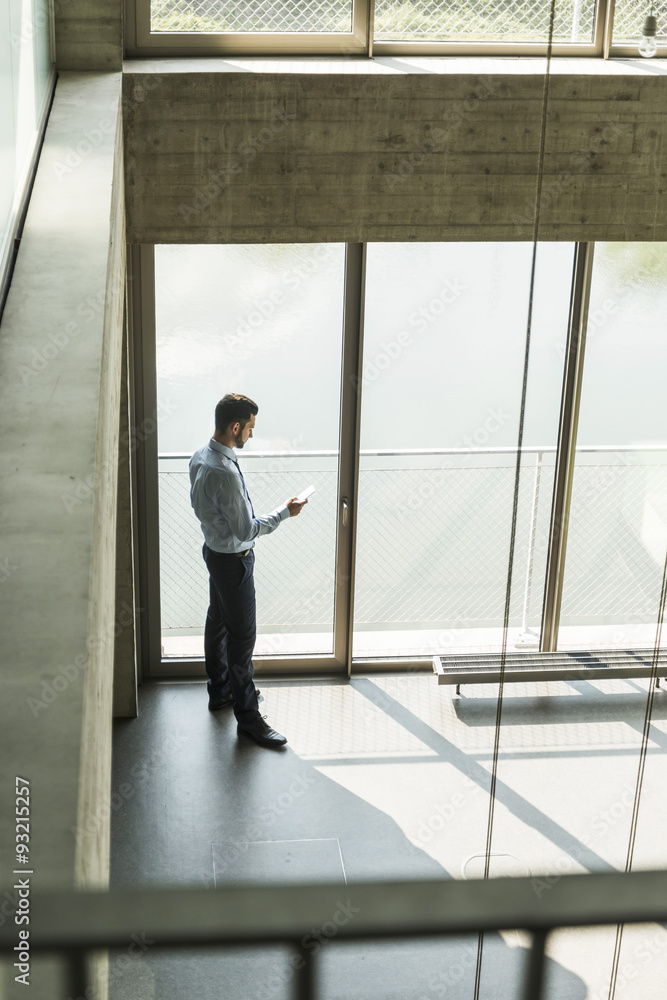 Young businessman looking on cell phone at the window Young businessman looking on cell phone at the window