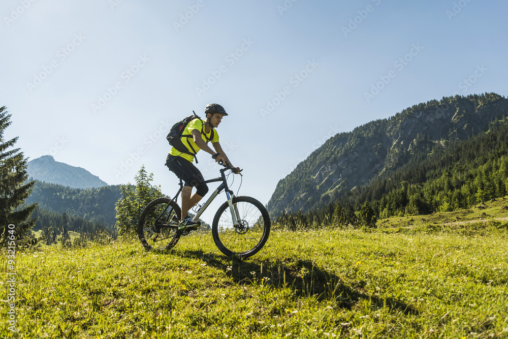 Austria, Tyrol, Tannheim Valley, young man on mountain bike in alpine landscape Austria, Tyrol, Tannheim Valley, young man on mountain bike in alpine landscape