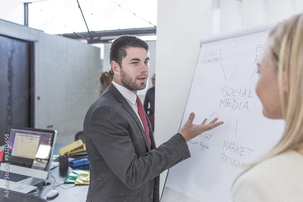 Businessman and woman discussing in front of flip chart Businessman and woman discussing in front of flip chart