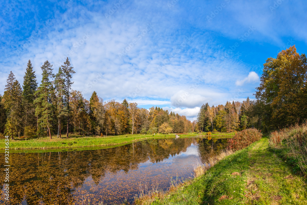 Beautiful autumn landscape on a lake in Polczyn Zdroj, Poland.