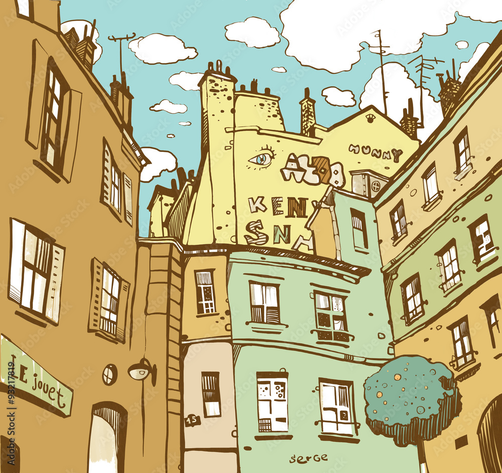 Graphic sketch depicting typical Parisian courtyard.