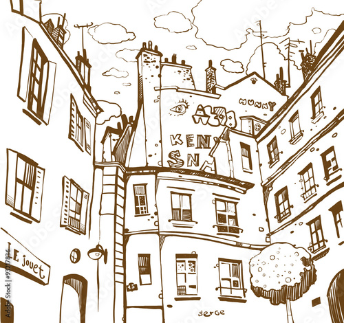 Graphic sketch depicting typical Parisian courtyard. #93217836