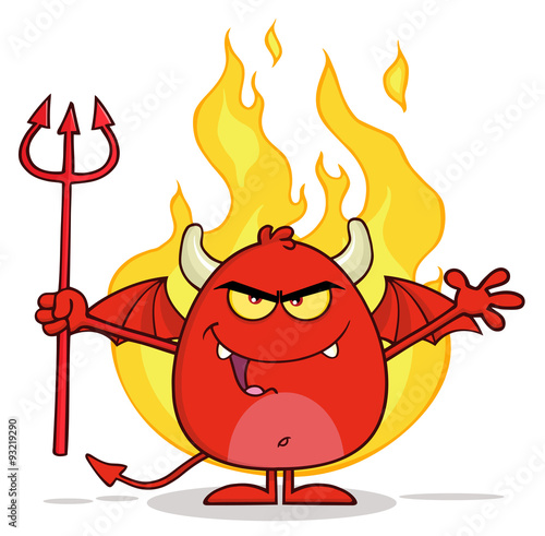 Angry Red Devil Cartoon Holding A Pitchfork Over Flames