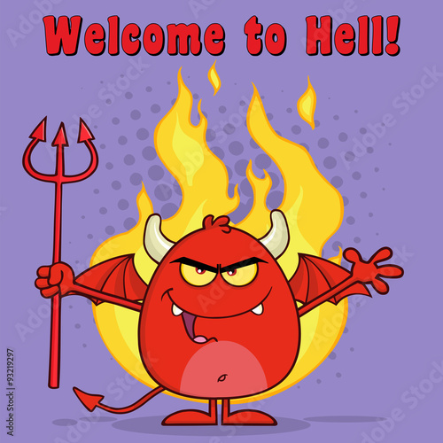 Evil Red Devil Cartoon Holding A Pitchfork Over Flames