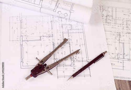 Architecture background: Construction plan tools and blueprint drawings , pen and divider tool
