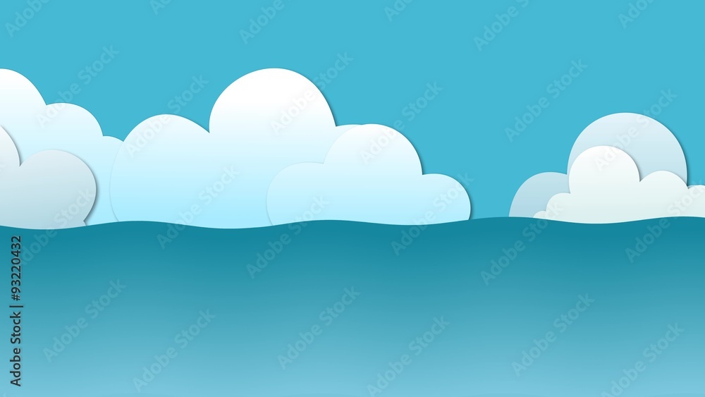 Sea waving view with floating cartoon clouds and rising sun Sea waving view with floating cartoon clouds and rising sun