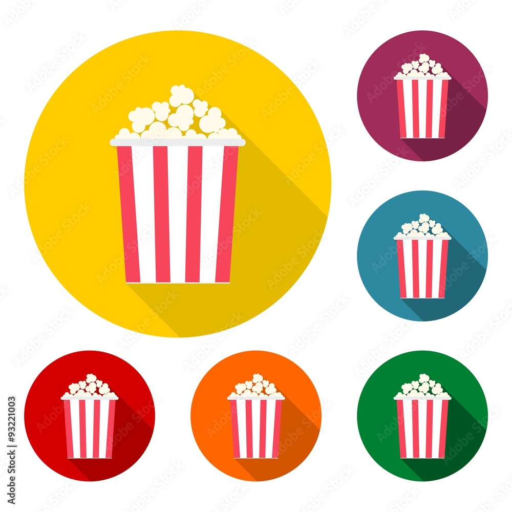 Popcorn package bag icons set with long shadow
