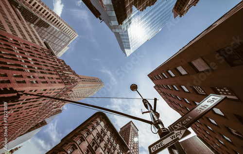 USA, New York, New York City, Manhattan, Street corner, Signs 4th Avenue and West 45th Street, view from below photo