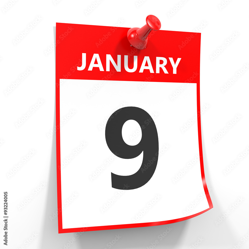 9 january calendar sheet with red pin.
