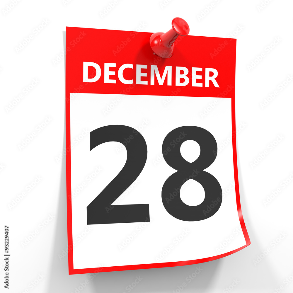 28 december calendar sheet with red pin. 28 december calendar sheet with red pin.