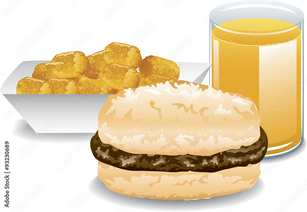 Illustration of a fast food breakfast including potato rounds, a
