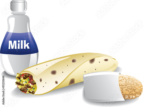 Illustration of a fast food breakfast including a hashbrown, a breakfast burrito and a milk.