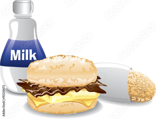 Illustration of a fast food breakfast including a hashbrown, a biscuit sandwich and a milk.