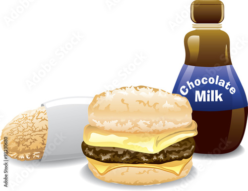 Illustration of a fast food breakfast including a hashbrown, a biscuit sandwich and a chocolate milk.
