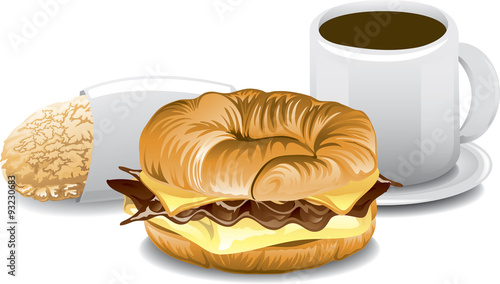 Illustration of a fast food breakfast including a hashbrown, a croissant sandwich and a cup of coffee.