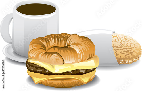 Illustration of a fast food breakfast including a hashbrown, a croissant sandwich and a cup of coffee.