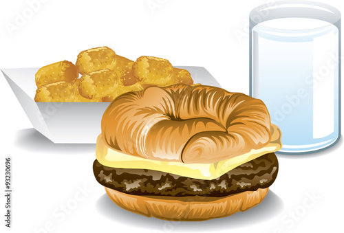 Illustration of a fast food breakfast including potato  rounds, a croissant sandwich and a glass of milk.