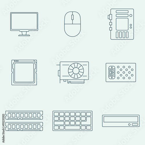 Computer components outline icons set. Vector pictogram of electroinc accessories for print and web design.