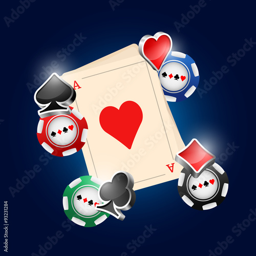 Card deck and poker chips vector illustration with three dimensional suits.
