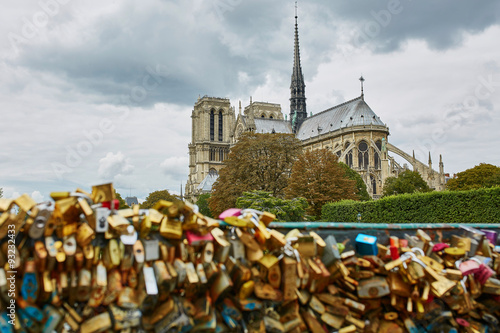 Notre-Dame and many love locks on the bridge in Paris