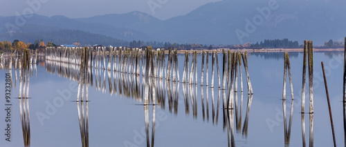 Panorama of pilings in river.