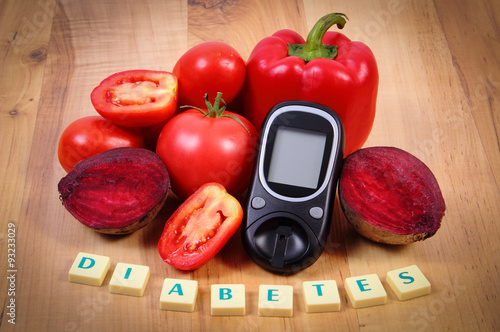 Vegetables, glucometer and word diabetes on wooden surface, healthy lifestyle and nutrition