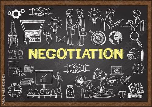 Business doodles about negotiation on chalkboard.