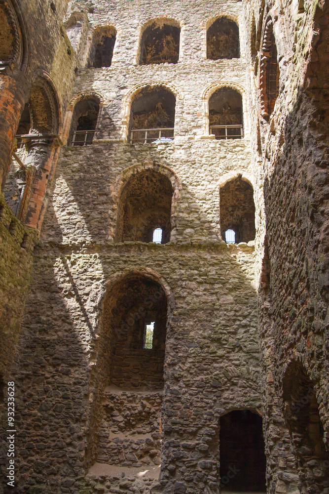 ROCHESTER, UK - MAY 16, 2015: Rochester Castle 12th-century. Inside view of castle's ruined palace walls and fortifications