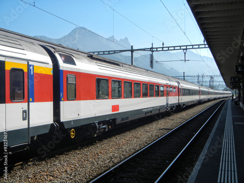 famous train around the beautiful Swiss mountains