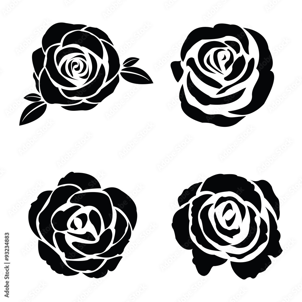 Black silhouette of rose set - obrazy, fototapety, plakaty 