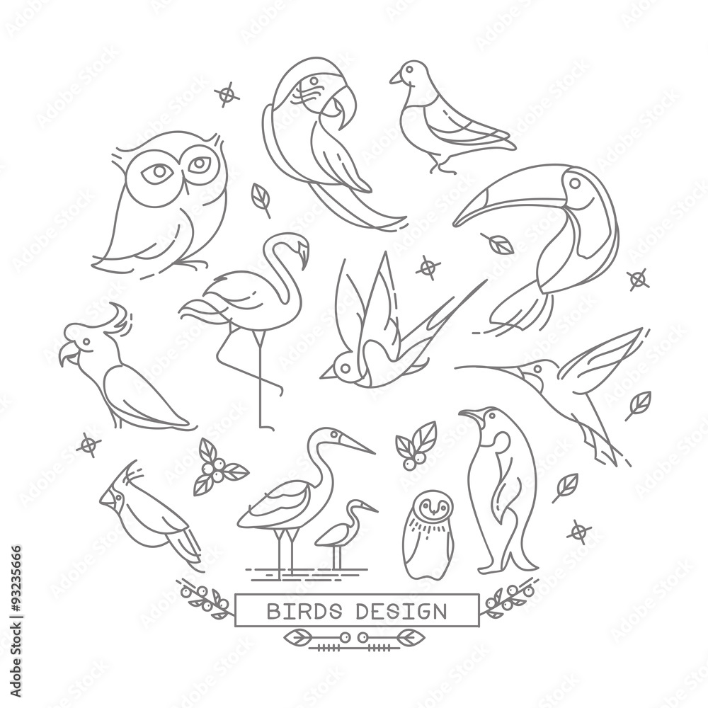 Bird line icons with outline style vector design elements
