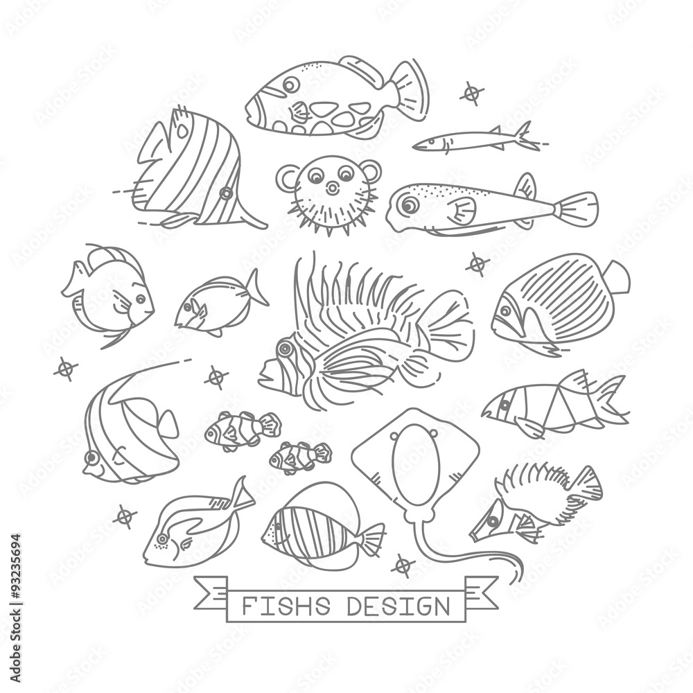 Fish line icons with outline style vector design elements