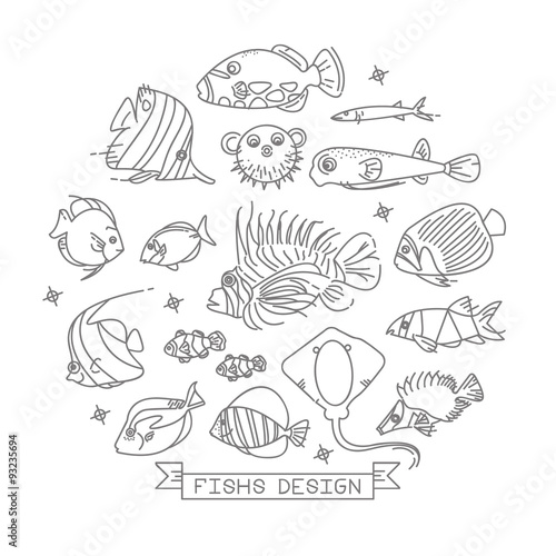 Fish line icons with outline style vector design elements
