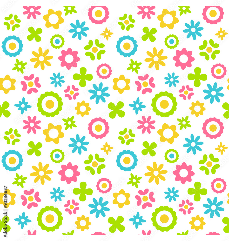 Bright fun abstract seamless pattern with flowers isolated on wh