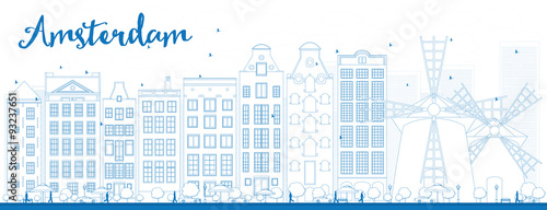 Outline Amsterdam city skyline with blue buildings
