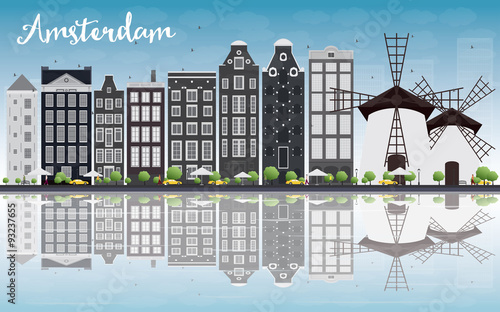 Amsterdam city skyline with grey buildings and reflection