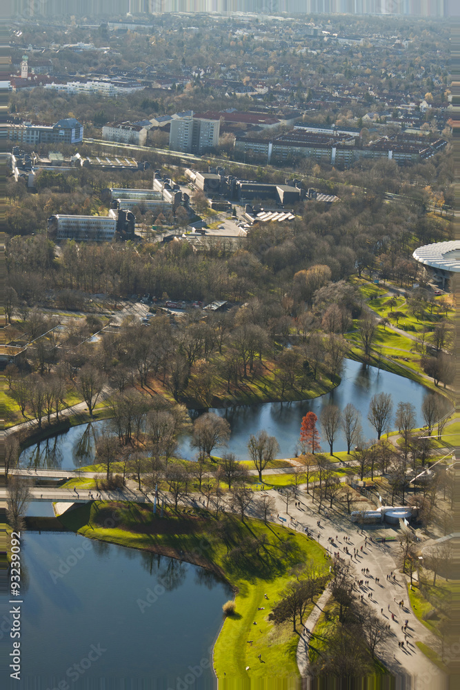 Aerial view of Munich with Olympia park