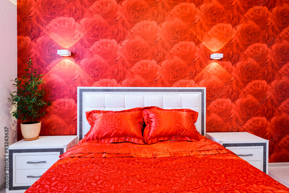 Bedroom in red and white Stock Photo | Adobe Stock