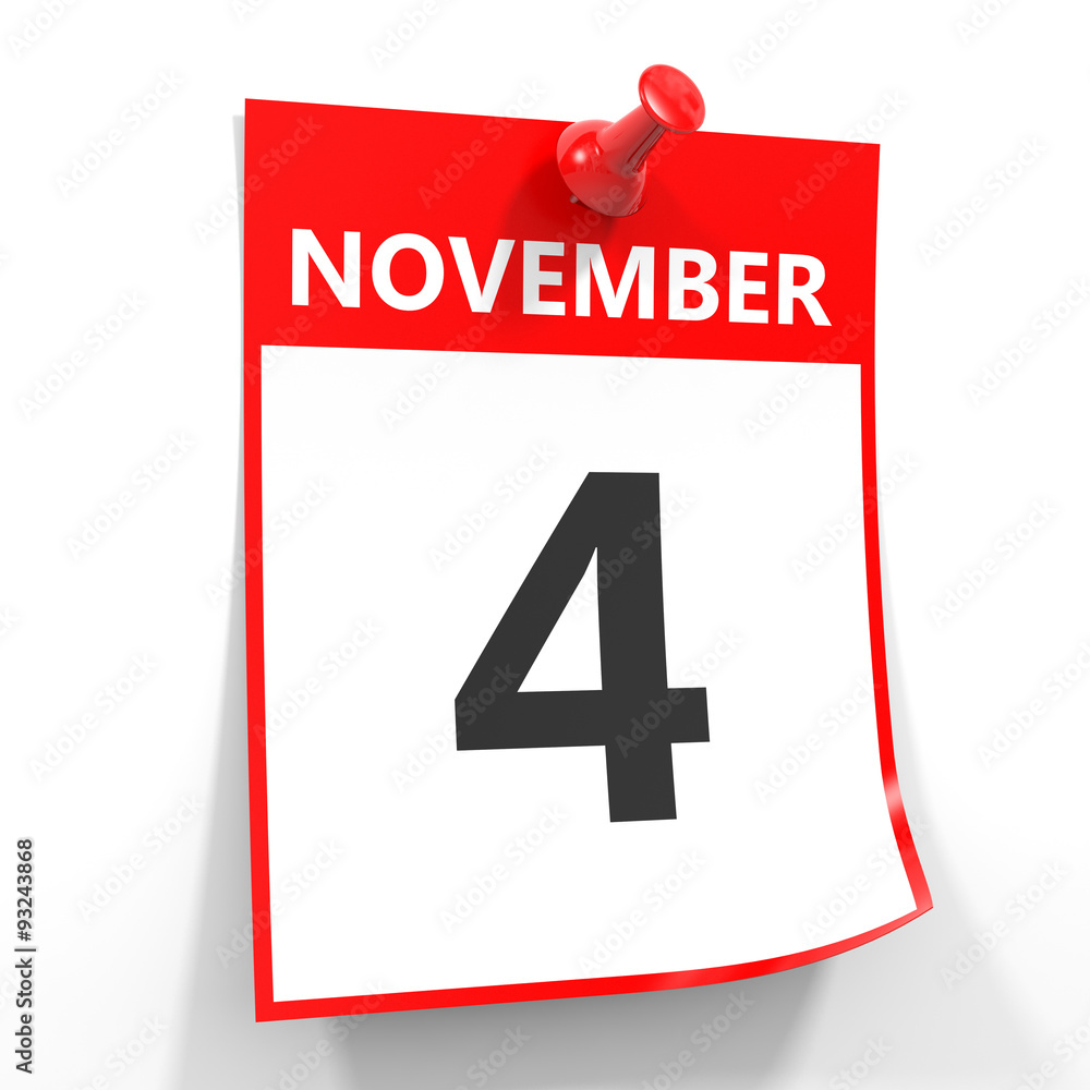 4 november calendar sheet with red pin. 4 november calendar sheet with red pin.