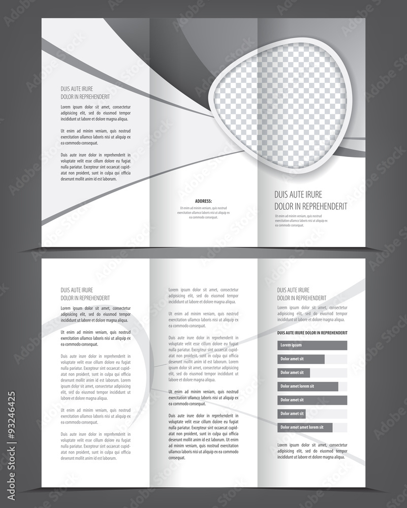 Fototapeta premium Vector empty tri-fold brochure print template design, tri-fold grayscale booklet or flyer