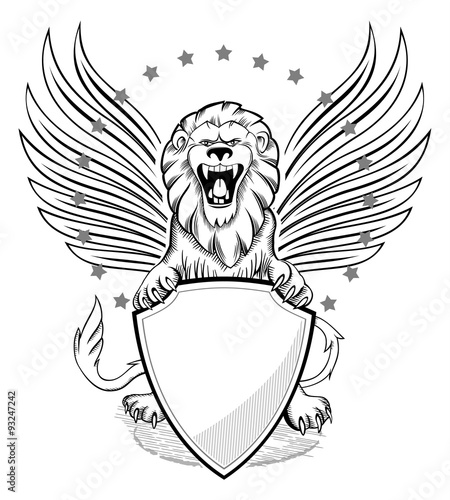 Fototapeta Naklejka Na Ścianę i Meble -  Roaring Winged Lion with Shield Insignia
