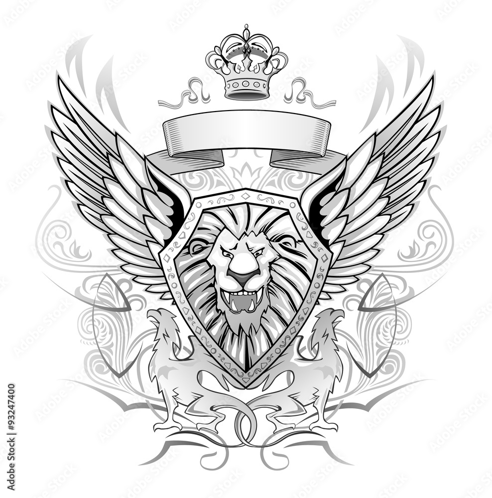 Black and Gray Emblem of mystery roaring winged lion on shield Black and Gray Emblem of mystery roaring winged lion on shield