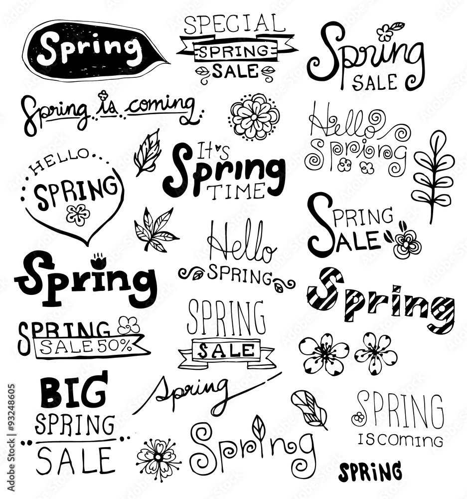 Doodle Spring Vector Set. Spring doodles collection. Spring Typographic Design Set