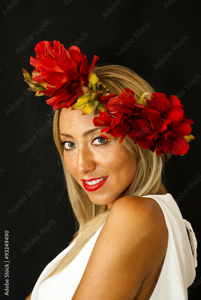 Beautiful Woman With a white robe and wreath of flowers Beautiful Woman With a white robe and wreath of flowers