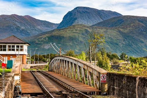 Railway, Signal Box and Swing Bridge at Banavie with Ben Nevis in background photo